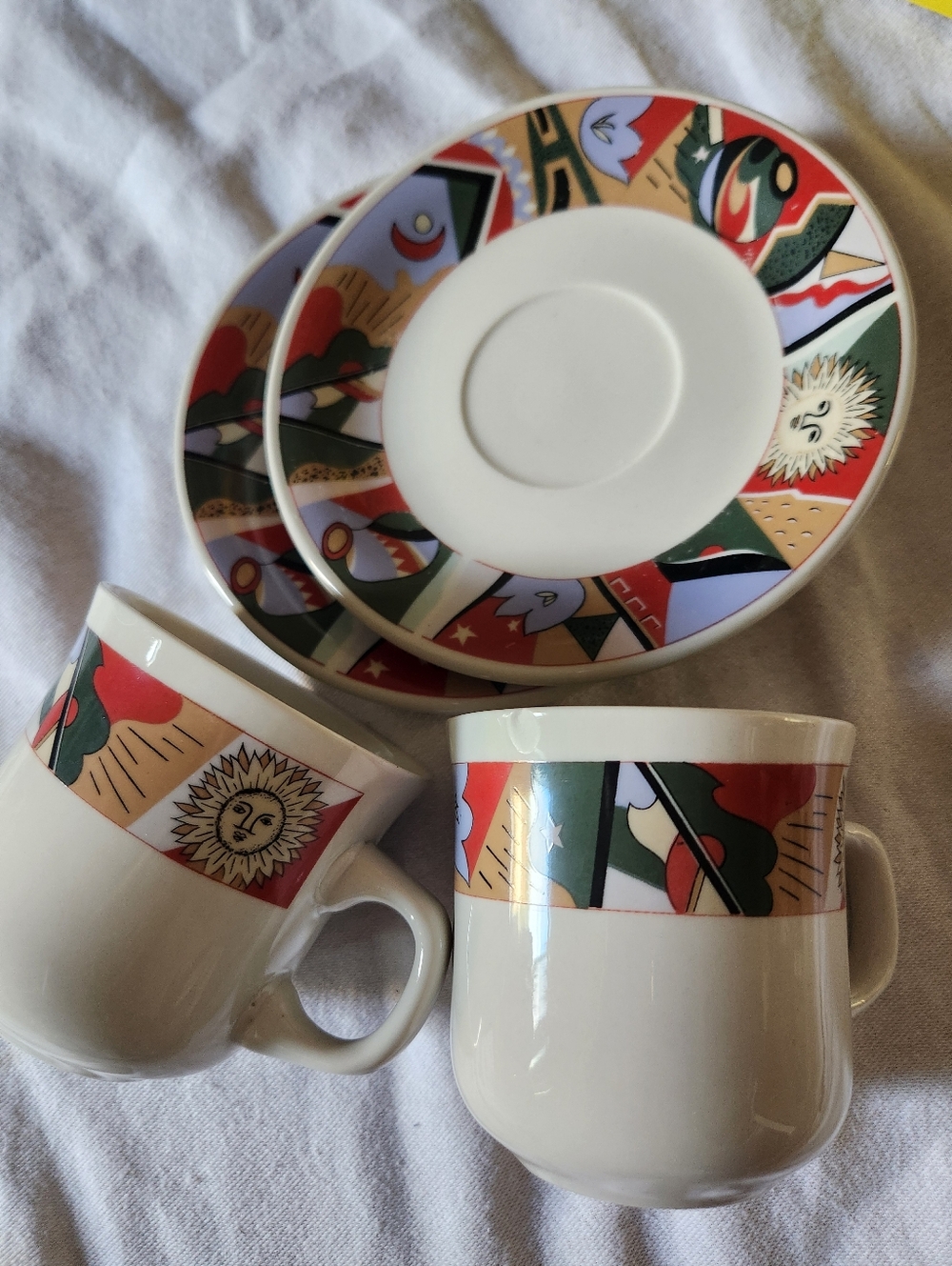 Vintage SUNFLOWER Abstract Espresso Cups Saucer Geometric Sun Print Celestial